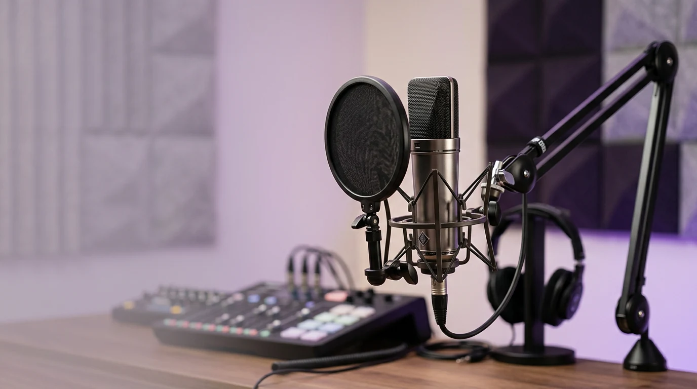 Studio-grade microphone in a live recording booth