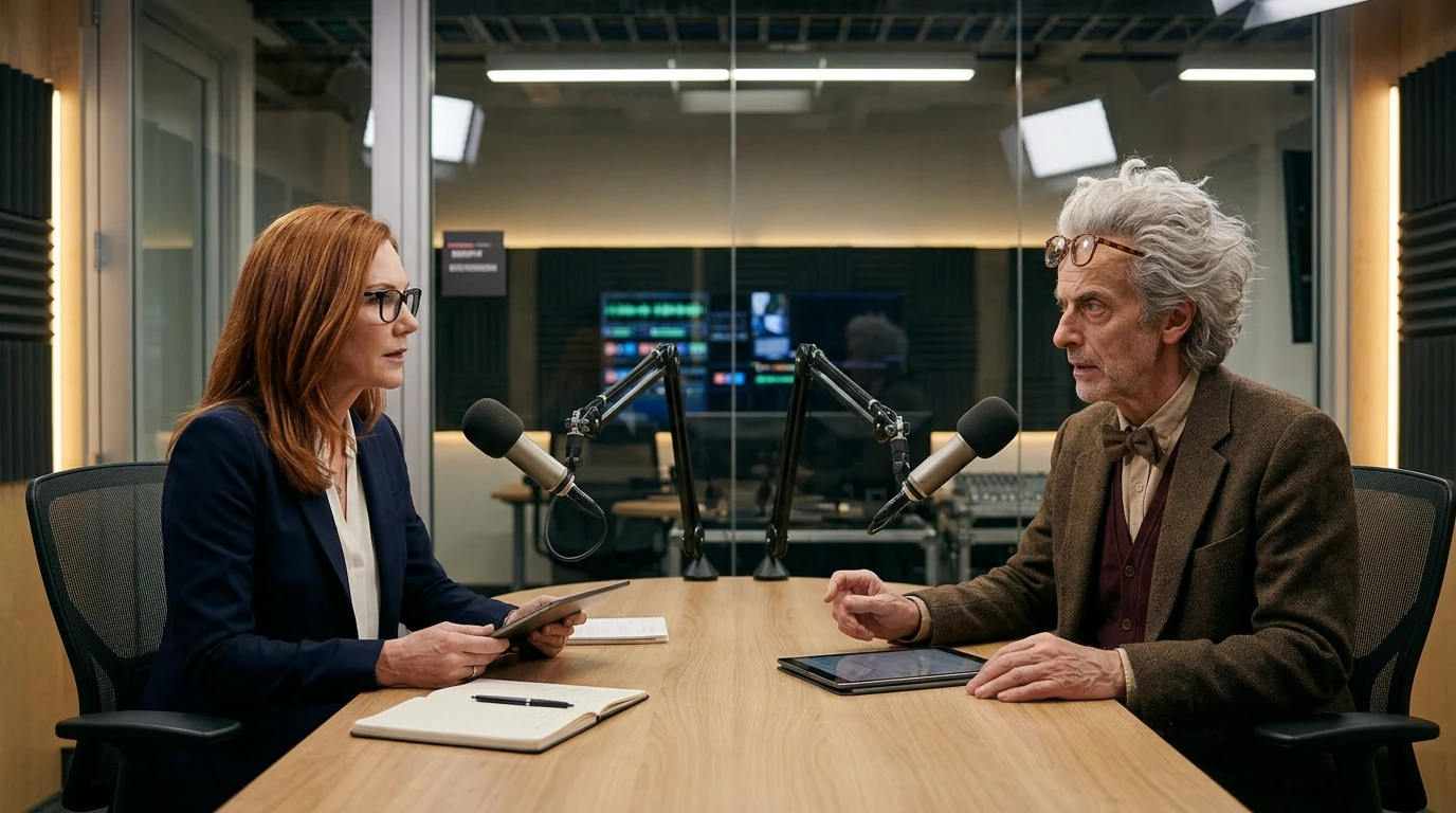 Kendra interviewing the Professor in a podcast studio