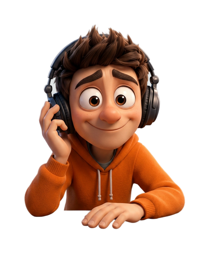 Approved free-floating 3D BDP character listening with headphones