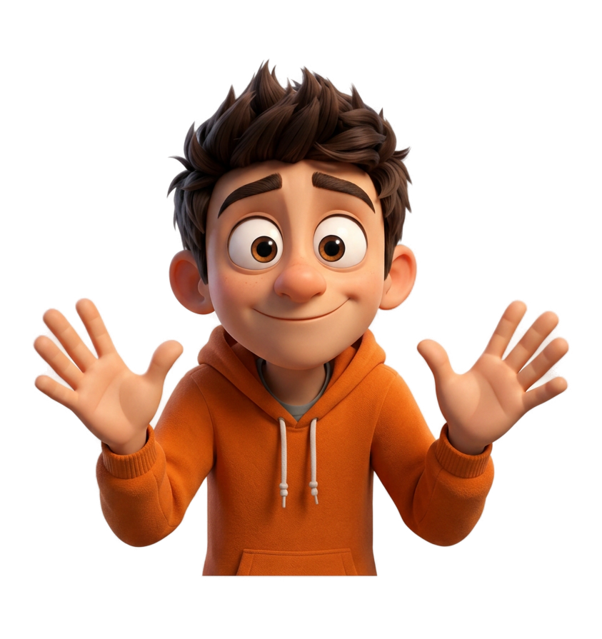 Approved free-floating 3D BDP character in a surprised story beat