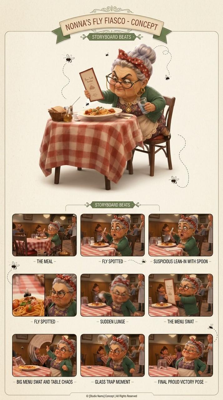 Vertical Nonna's Fly Fiasco concept and storyboard sheet with nine comedic animation beats